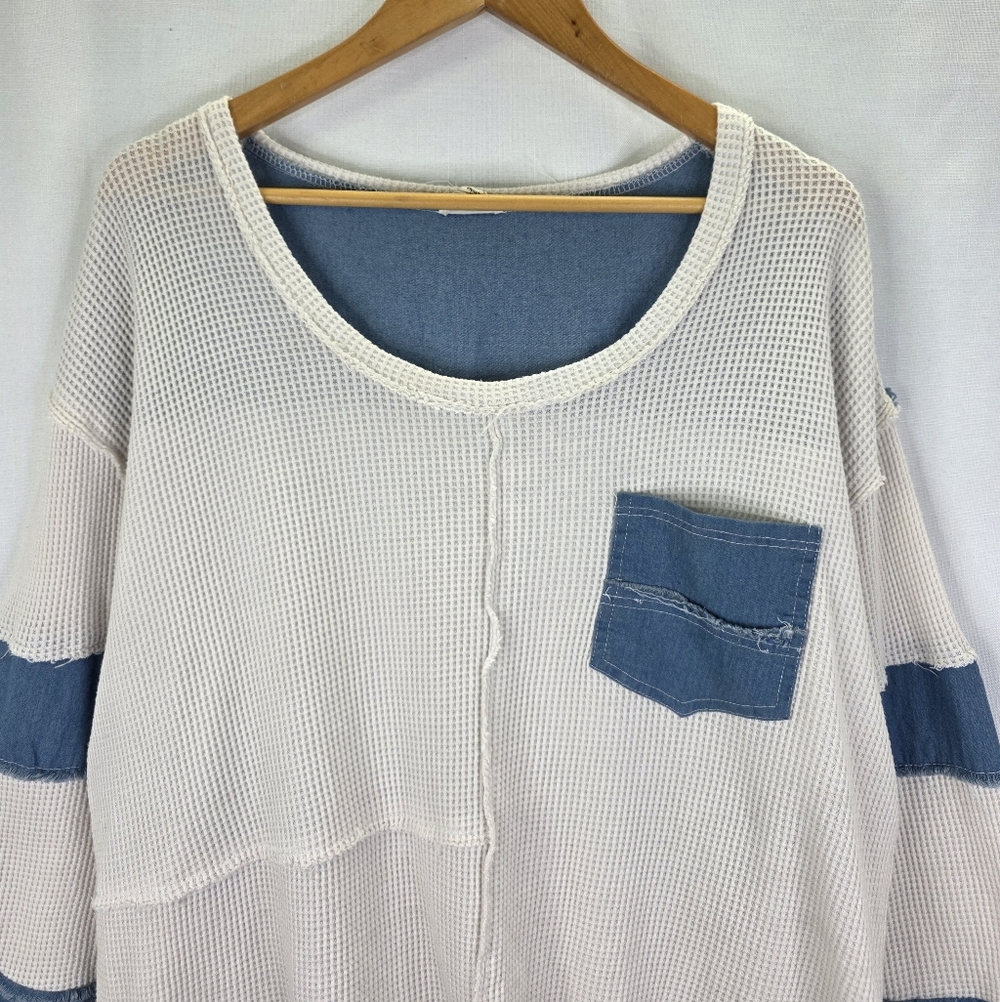 POL Women's Colorblock Waffle Knit  Round Neck Long Sleeve Boho Cottage Core  L - Picture 2 of 15